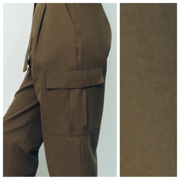 NWT. Zara Khaki Cotton Blend Strapless Cargo Belted Jumpsuit. Size M. - Picture 3 of 11